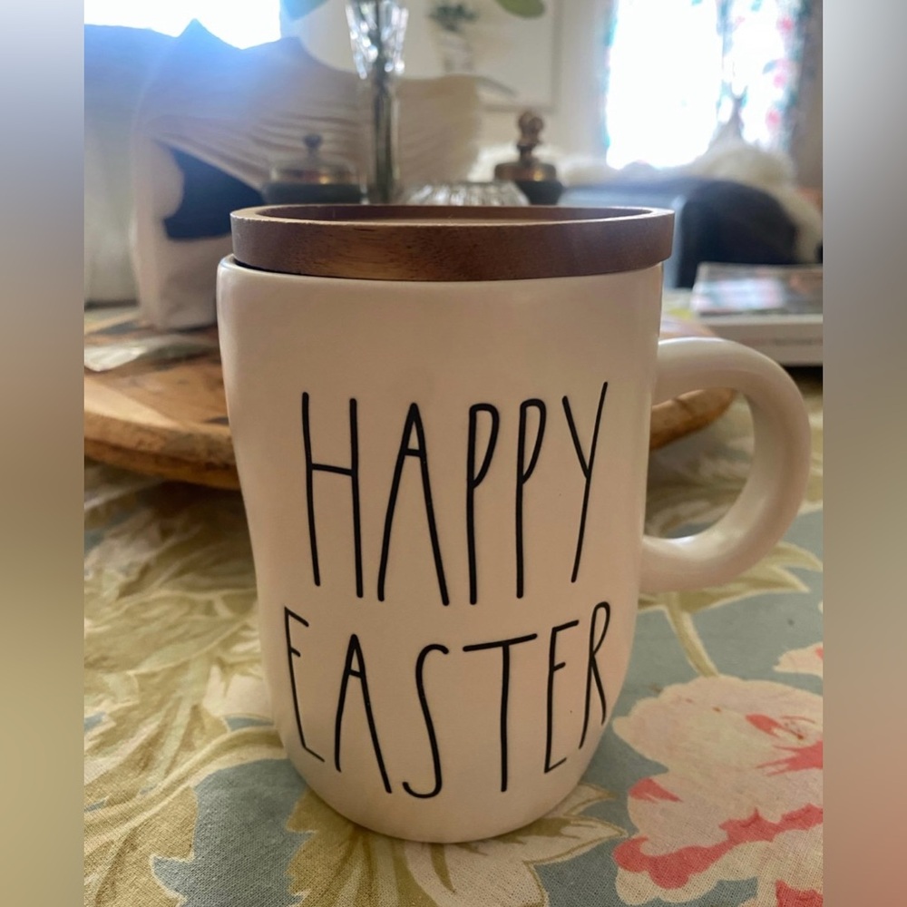 Rae Dunn Happy Easter mug with wooden coaster